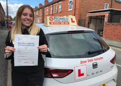 Ali Ghibaudo after passing their driving test with Romeo Driver Training, Chester