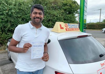 Dhinesh Kumar G after passing their driving test with Romeo Driver Training, Chester