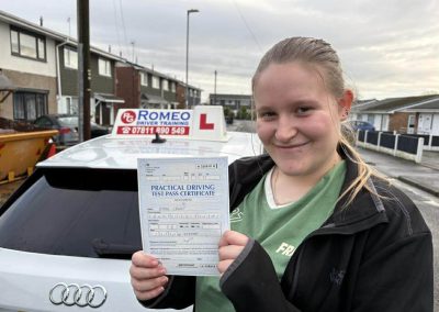 Emma Crump after passing their driving test with Romeo Driver Training, Chester