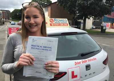 Goda Girsaite after passing their driving test with Romeo Driver Training, Chester